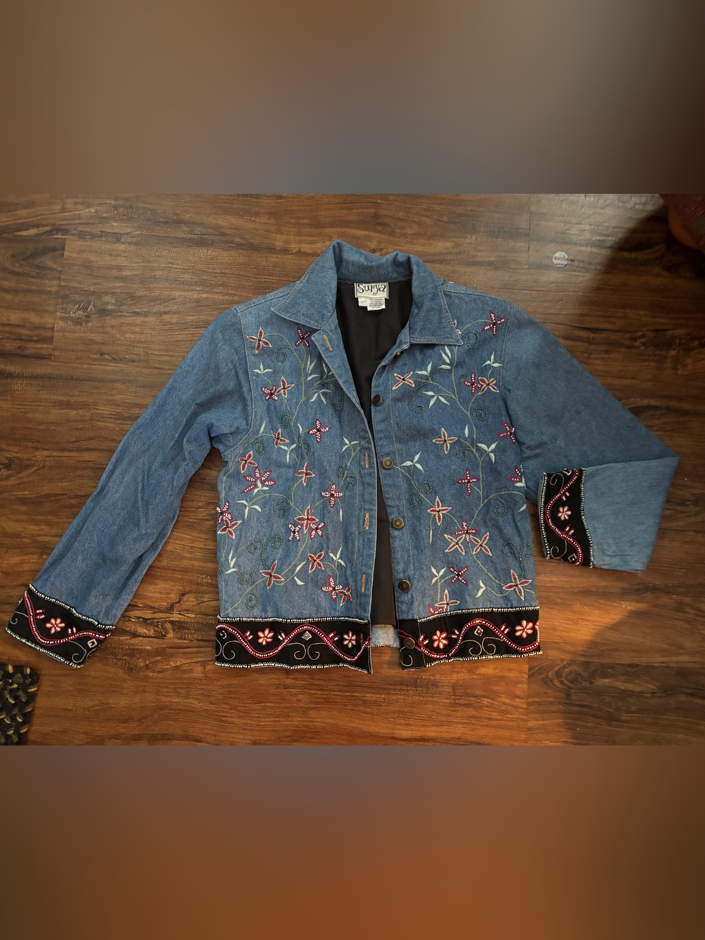 Vintage Surya Women’s Denim Floral Embroidered Beaded Jacket Size S/M